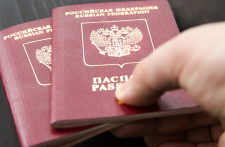 Two Red Russian passport to travel. Closeup.の写真素材
