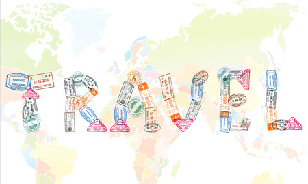 Word travel created with passport stamps on textured background, travel conceptの写真素材