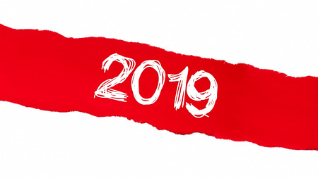 Ripped red paper with numbers - 2019. New Year concept.の写真素材
