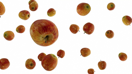 Apples falling down on white background, 3d photorealistic illustration.の写真素材