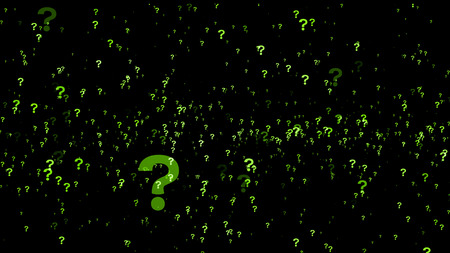 A lot of green question marks on a black background. 3D Rendering.