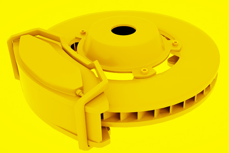 Yellow brake disk with support, 3D Illustrationの写真素材