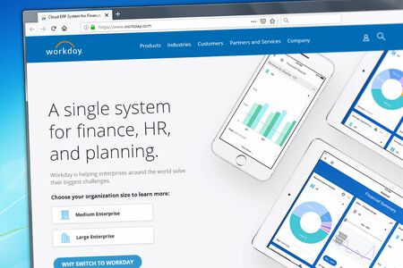 Los Angeles, California, USA - 08 April 2019: Illustrative Editorial of Workday website homepage....
