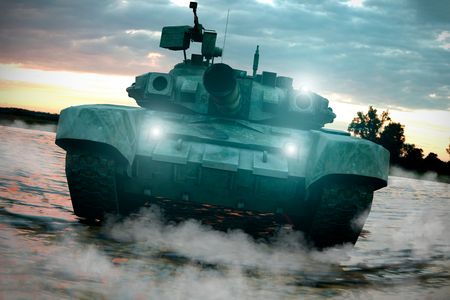 Heavy Military Tank in Battlefield Landscape at Sunset with Beautiful Sky. 3D Rendering.の写真素材