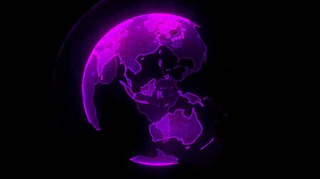 Digital neon planet of Earth. Globe with shining continents. 3D illustration with digital Earth and particles.の写真素材