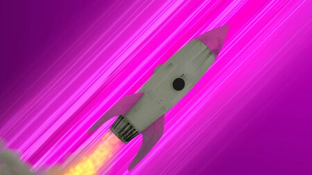 Rocket Ship Flying Through Space. Purple Diagonal Anime Speed Lines. 3d illustrationの写真素材
