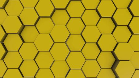 Yellow hexagon geometry background. 3d illustration of simple primitives with six angles in front.