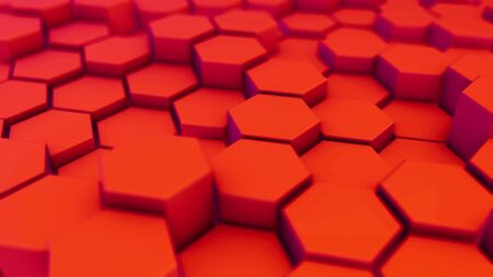 Red hexagonal motion background. 3d render of simple primitives with six angles in front.の写真素材