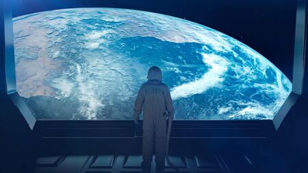 Alone astronaut in futuristic interior. Sci fi room view of the earth. 3d rendering.
