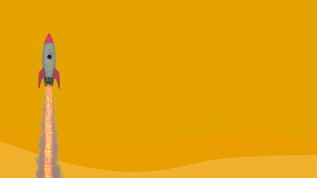Launching rocket model taking off against yellow background. Concept of project launching in...