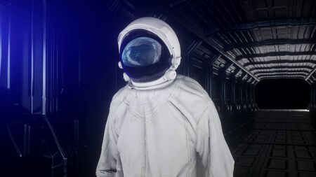 Alone astronaut in futuristic space corridor, room. View of the earth. 3d renderingの写真素材