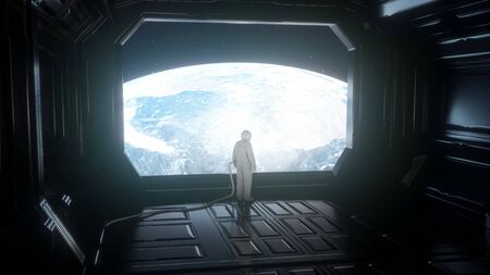 Alone astronaut looks at the planet earth in futuristic interior, the planet earth close up. 3d illustration.の写真素材