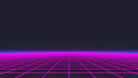 Synthwave wireframe net 80s Retro Futurism Background 3d illustration.
