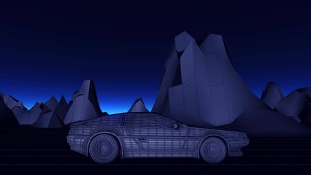 Futuristic Cyberpunk car in 80s style moves on a virtual landscape. 3d illustration.