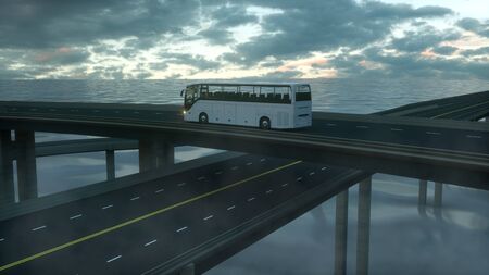 Tourist white bus on the road. Touristic and travel concept. 3d rendering.の写真素材