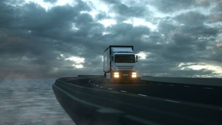 Commercial cargo delivery truck with blank white trailer driving on bridge. Generic, brandless vehicle design. 3D rendering.の写真素材