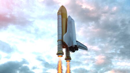 Space Shuttle Flying Over The Clouds. 3d illustration.の写真素材