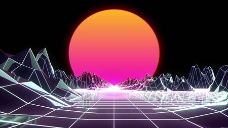 Retro futuristic flight over grid, seamless background 80s retro fantasy. 3d illustration.