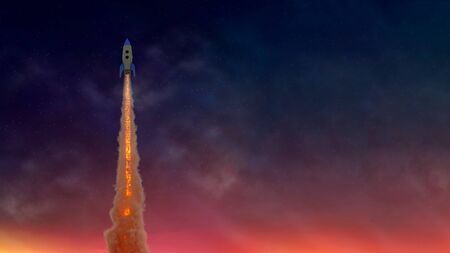Flying rocket through the clouds. Start up of the space rocket. 3d illustration.の写真素材