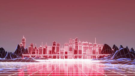 The futuristic neon night city, train traffic on the railway bridge. 3d illustrationの写真素材