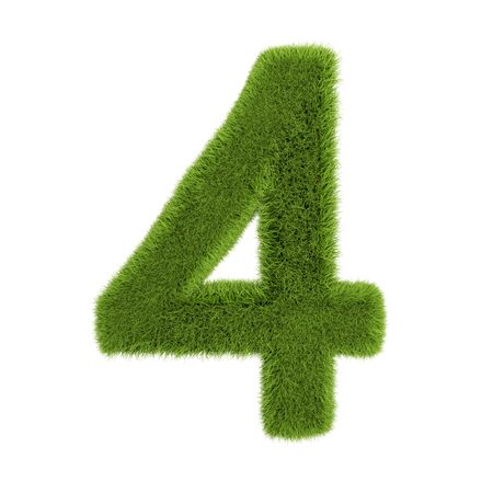 Number 4, made of grass isolated on white background. Symbol covered green grass. Eco letter. 3d...