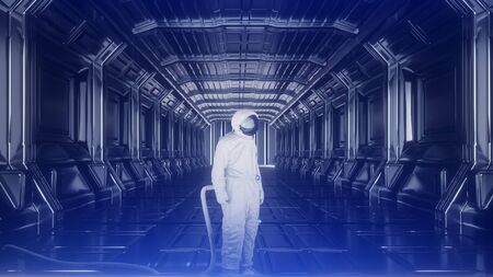 Alone astronaut in futuristic space corridor, room. The planet earth reflects in a spacesuit helmet....