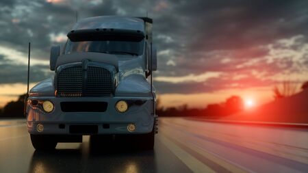 Semi trailer. Truck on the road, highway. Transports, logistics concept. 3d rendering.