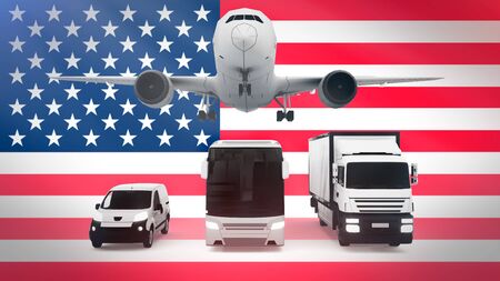 USA logistics concept 3d illustration. National flag of USA from the back of airplane, truck and delivery van.の写真素材