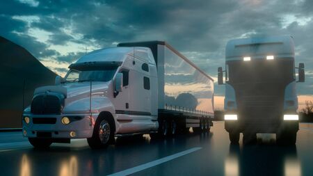 Two white trucks on the road, highway. Transports, logistics concept. 3d rendering.の写真素材