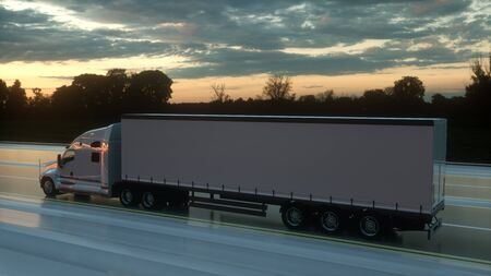 Semi trailer. Truck on the road, highway. Transports, logistics concept. 3d rendering.