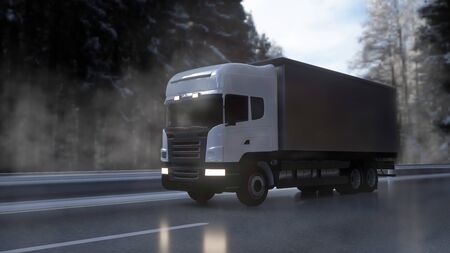 Delivery truck driving in snow on a forest road to a city. 3d rendering.の写真素材
