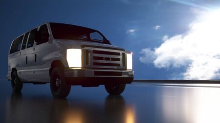 White delivery van on highway. Blue sky background. Transport and logistics concept. 3d...