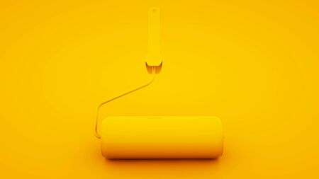 Yellow paint roller on yellow background. 3d rendering.の写真素材