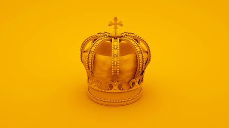 Royal gold crown on yellow background. Minimal idea concept, 3d illustration.の写真素材
