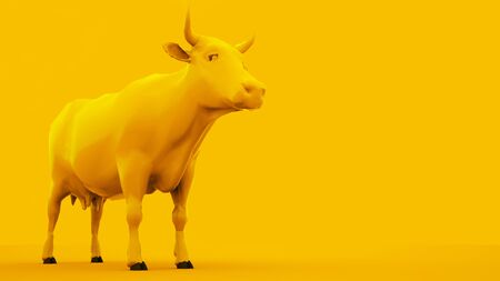 Cow isolated on yellow background. Minimal idea concept, 3d illustrationの写真素材