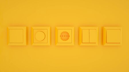 Set of switches and sockets isolated on yellow trendy color background. 3d illustration.の写真素材