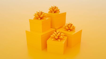 Set of yellow gift boxes isolated on yellow background. Minimalist creative concept. 3d illustration.の写真素材