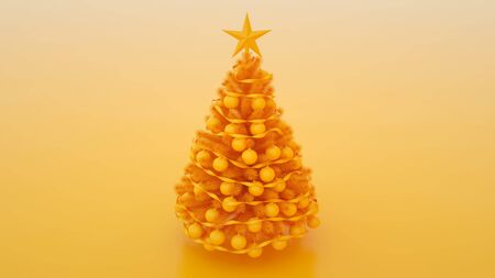 Christmas tree with balls isolated on yellow background. 3d illustration.の写真素材