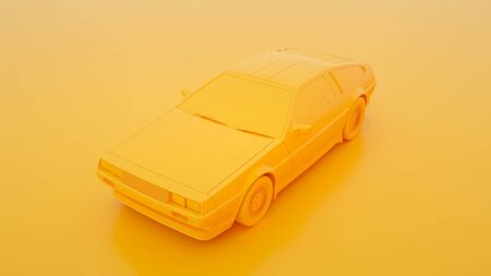 Retro-futuristic car 80s style on yellow background. Minimal idea concept. 3d illustration.