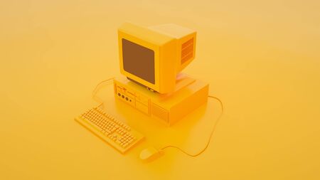 Old personal computer with Keyboard and Mouse isolated on a yellow background. 3d illustration.
