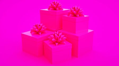 Set of blue pink boxes isolated on pink background. Minimalist creative concept. 3d illustration.の写真素材
