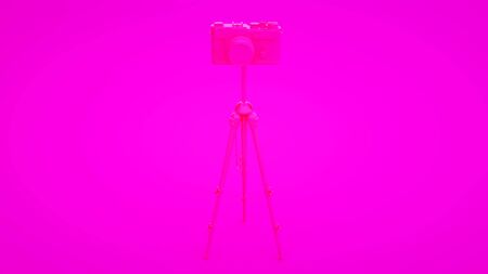 Photo studio concept. Camera and tripod on pink background. 3d illustration.