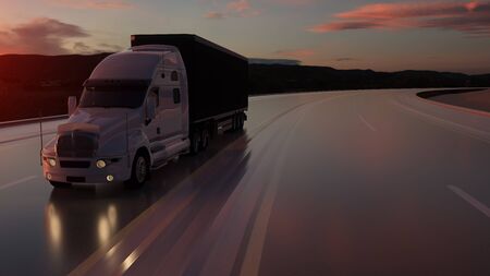 Semi trailer. Truck on the road, highway. Transports, logistics concept. 3d rendering.の写真素材