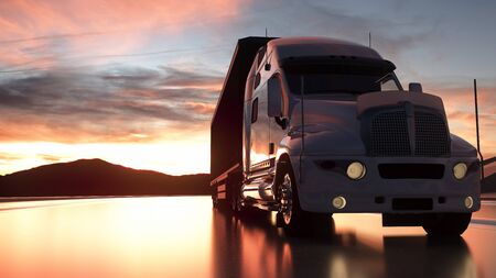Semi trailer. Truck on the road, highway. Transports, logistics concept. 3d rendering.の写真素材