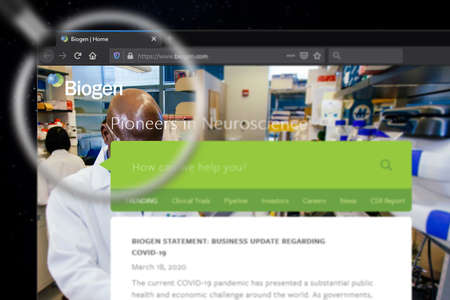 Moscow, Russia - 18 March 2020: Biogen website homepage. Biogen logo visible on display screen,...