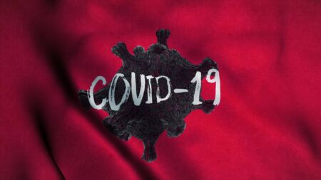 Coronavirus outbreak concept. Covid-19 stamp flag waving in the wind. Sign of Coronavirus. 3d illustration.の写真素材