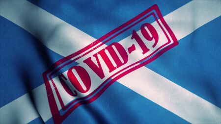 Covid-19 stamp on the national flag of Scotland. Coronavirus concept. 3d illustration.の写真素材
