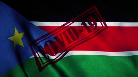 Covid-19 stamp on the national flag of South Sudan. Coronavirus concept. 3d illustration.の写真素材