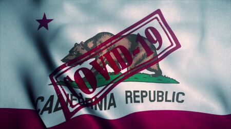 Covid-19 stamp on the national flag of California. Coronavirus concept. 3d illustration.