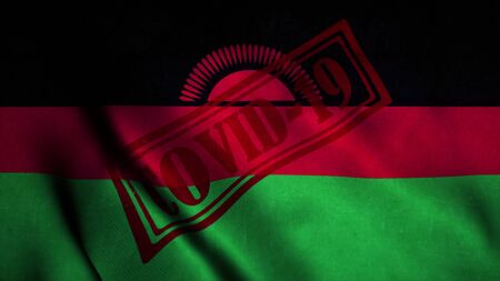 Covid-19 stamp on the national flag of Malawi. Coronavirus concept. 3d illustration.